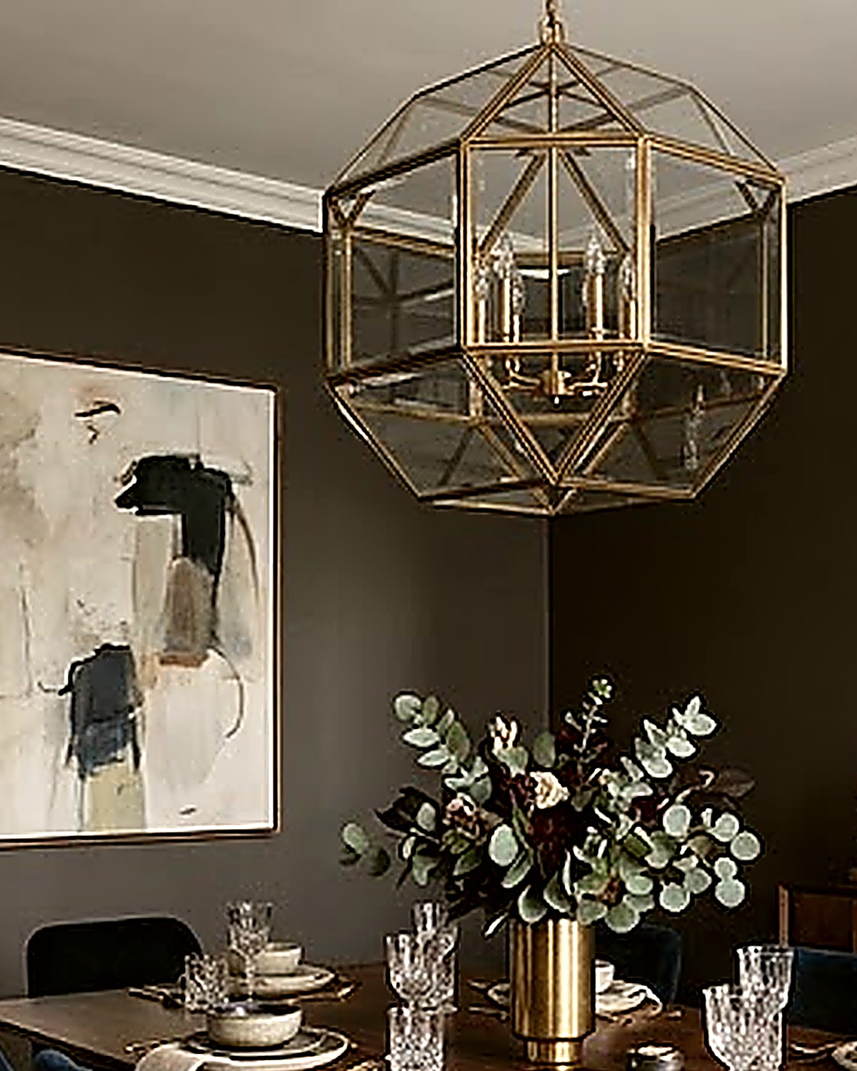 Detail of a brass geometric pendant light fixture