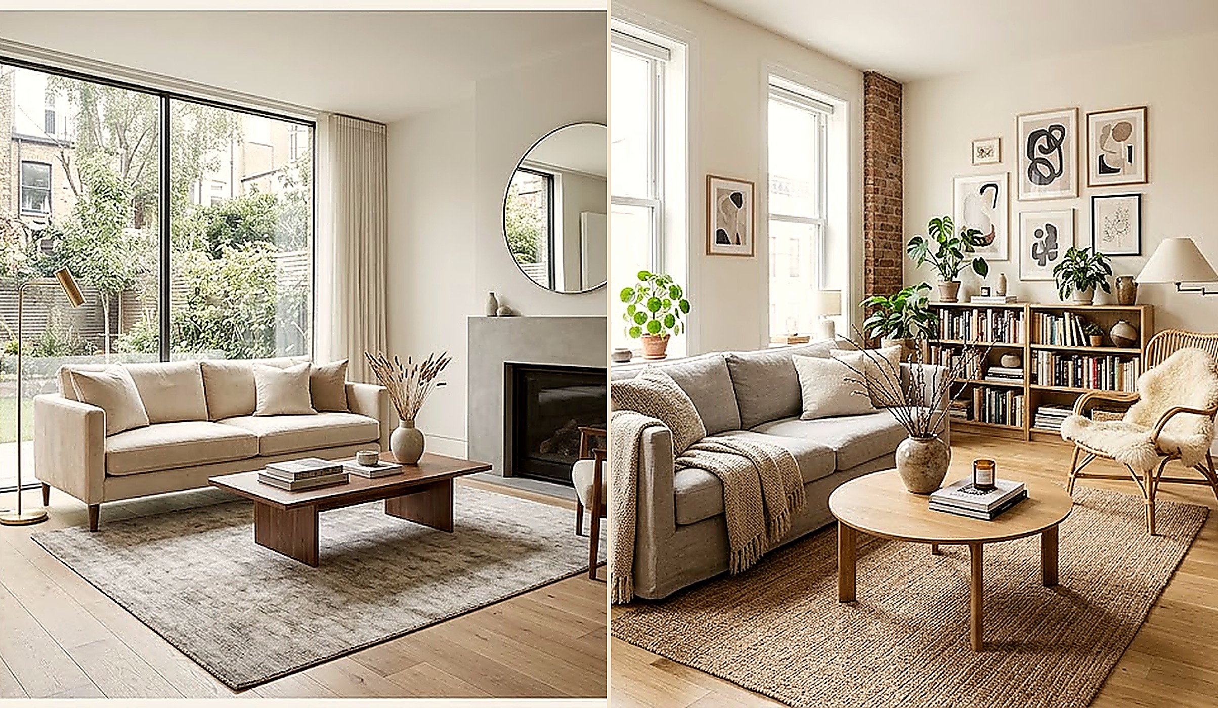 Diptych of two considered living rooms, one flooded with garden light and one styled around a reading corner, framing the Luxe Interior Design & Drapery portfolio
